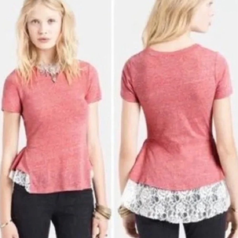 Free People Pink Lace Hem Peplum Tee XS Boho Short Sleeve